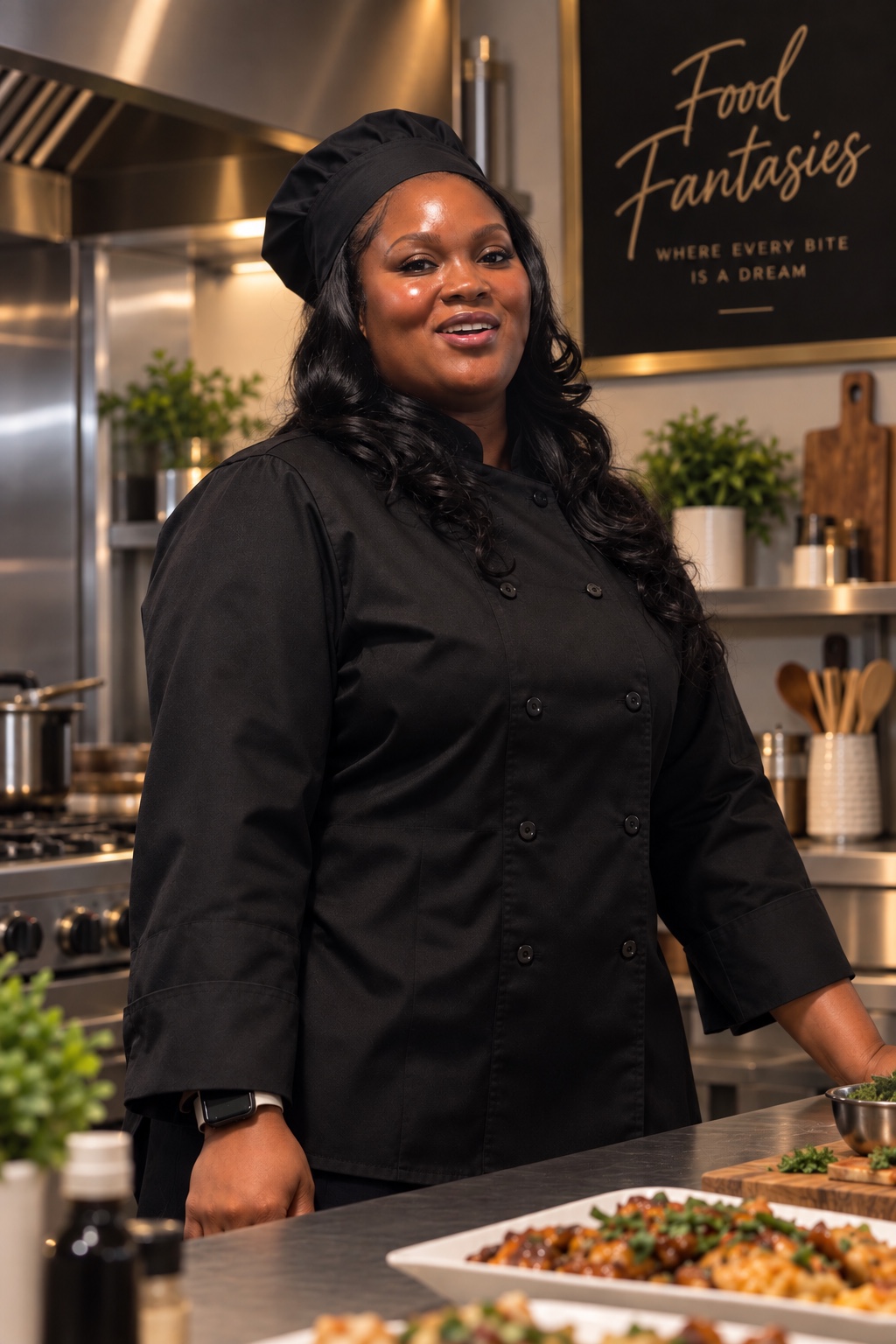 Chef Artisha Smith wearing a black chef coat and hat
